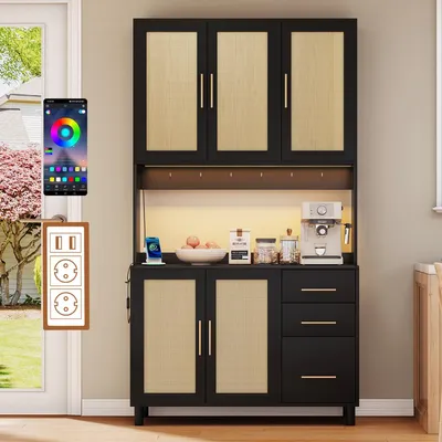 Image de Meuble de cuisine de 183 cm avec éclairage LED et prises électriques, buffet en rotin avec 3 tiroirs, étagères réglables, couleur noire
