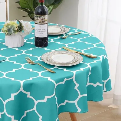 Produktbild von Ibenzoa® Abwaschbare Tischdecke rund 140 cm – Polyester, türkis mit marokkanischem Muster, wasserabweisend (Lotuseffekt), maschinenwaschbar