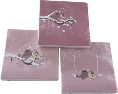 Produktbild von 3 x 20 Servietten Weihnachtsservietten Vögel 'Winter Birds' - rosa 33 x 33 cm