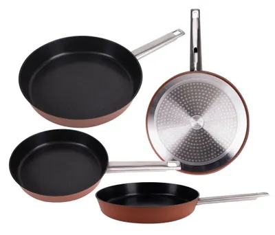 A set of frying pans displayed against a white background.