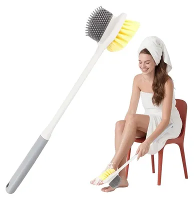 Produktbild von Badborstel 2-in-1 Mit Langem Griff, Weiche Nylonborsten Und Silikon-Zehenreiniger, Für Dusche Und Körperpflege