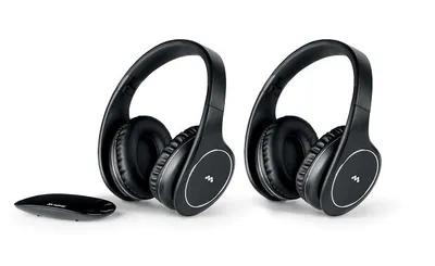 Two black wireless headphones and a small black transmitter are displayed on a white background.