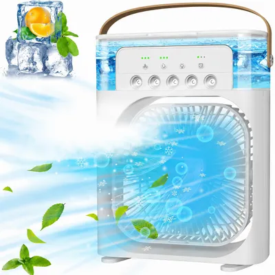 Produktbild von 4 in 1 Tragbare Klimaanlagen,Ventilator,3 Geschwindigkeiten,5 Sprüharten,Timer,Luftbefeuchter mit 600ml-Wassertank,USB-Ladefunktion Luftkühler,leiser