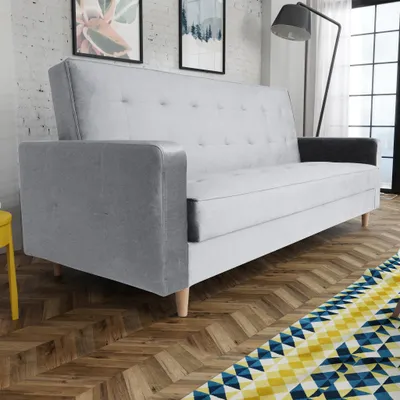 Produktbild von Schlafsofa im skandinavisches Stil Bamako Polstersofa mit Holzbeine Sofa mit Schlaffunktion Bettkasten Couch aus Velour, Farbe: Grau, Paros 05