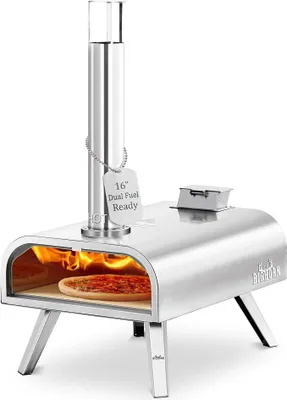 Obrázok produktu pre Vonkajší pizzaofen na drevné pelety, 40,6 cm, pizzaofen na pelety, prenosný nerezový pizzaofen s kameňom na pizzu, vhodný na vonkajšie použitie, do záhrady
