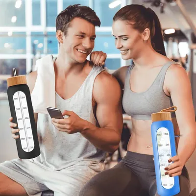 Immagine prodotto di Borraccia in vetro con indicatore del tempo - 32 oz 1000 ml - grande bottiglia motivazionale per il fitness - bottiglia in acciaio inox con cannuccia per bere