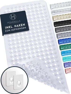 A white bath mat is shown with a dark blue tag on the left side and a strip of various colored bath mats on the right side. Two adhesive hooks are shown in a circle at the bottom left.