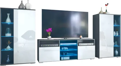 Produktbild von Vladon Wohnwand Davos, Anbauwand bestehend aus 2 Vitrinen und 1 TV-Board, Anthrazit matt/Weiß Hochglanz inkl. LED-Beleuchtung (329 x 134 x 35 cm)