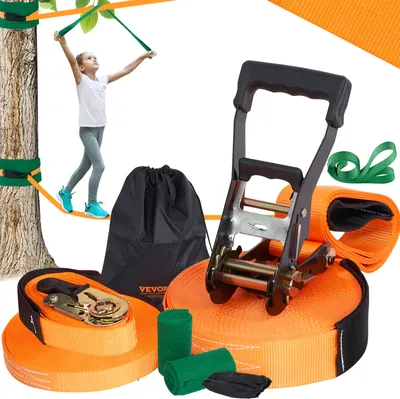 Zdjęcie produktu dla Zestaw przeszkód VEVOR slackline 2 x 18,3 m slackline 2 x 1,5 m ochrona drzew, udźwig 226,8 kg tor przeszkód ninja, sprzęt do zabawy na świeżym powietrzu, zestaw zabawek do treningu na podwórku pomarańczowy