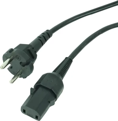 A black power cord with two different plugs on either end, shown against a white background.
