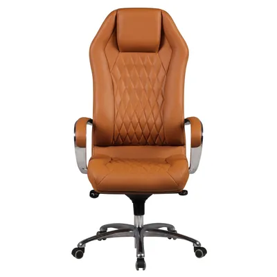 A brown leather office chair with a high back and headrest is shown against a white background.