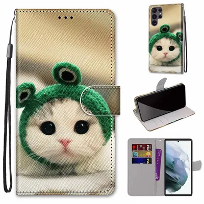 Productafbeelding van Telefoonschaal voor Samsung Galaxy S22 Ultra 5G, beschermhoes, portemonnaiehoes, 360-graden hoes, etui, kleur: kikkerkat