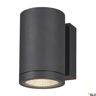 A single outdoor LED wall light, dark gray in color, mounted on a white background.