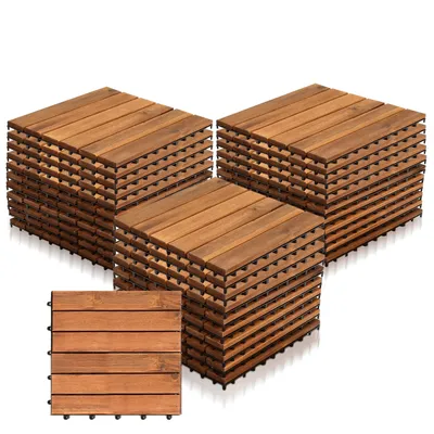 Produktbild von Izrielar 66 STK Holzfliesen Terrassenfliesen Holz Fliesen Mosaik 30x30 cm - Balkonfliesen wetterfest aus Akazienholz mit Klicksystem für Terrasse Balkon
