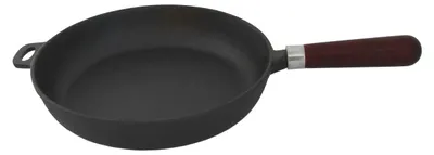 A black cast iron frying pan with a wooden handle and a silver band connecting the handle to the pan.