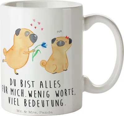 Produktbild von Mr. & Mrs. Panda Tasse Mops Verliebt - Weiß - Geschenk, Kaffeetasse, Kaffeepott, Liebe, Sprüche, Hund, Knuffig, Bedruckte, Kaffeebecher, Pure, Freund, cappuccinotasse