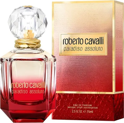 A bottle of Roberto Cavalli Paradiso Assoluto Eau de Parfum and its packaging are displayed against a white background.