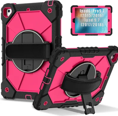 Produktbild von Hülle für iPad 9,7 6th/5th Gen 2018/2017 Tablette Schutzhülle Stoßfeste mit 360 Drehbarer Handschlaufe/Ständer Schwarz Rosa