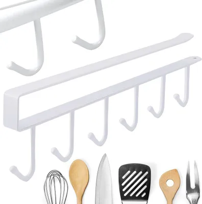 Produktbild von Küchenhängeleiste weiß Metall 6 Haken für Geschirrhaken