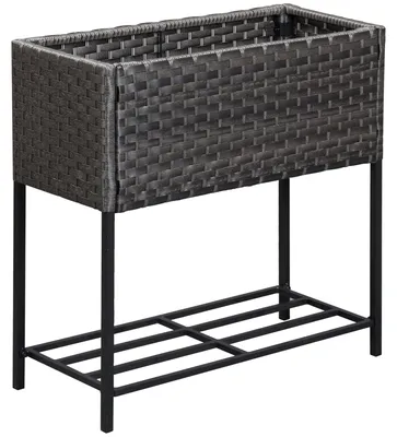 Produktbild von Hochbeet Blumenkasten mit Ablage aus Poly Rattan Pflanzkübel wetterfest & rückenschonend Pflanztrog für Garten Balkon Terrasse Braun 70x30x72 cm
