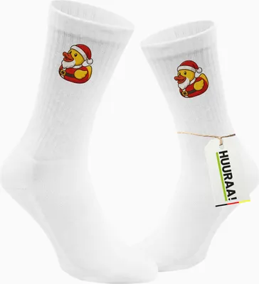 Produktbild von Huuraa Uni Socken Quietscheente Nikolaus Gummiente Weihnachtsmann 37/41 White Baumwolle Tennissocken Geschenkidee