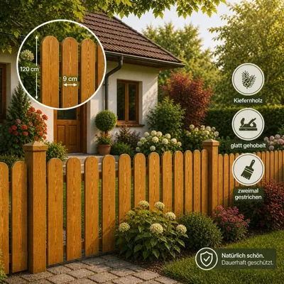 Produktbild von QLS 30 Stk Zaunlatten 120cm Holz Brett Kiefer Gehobelt Gartenzaun Goldene Eiche 11471