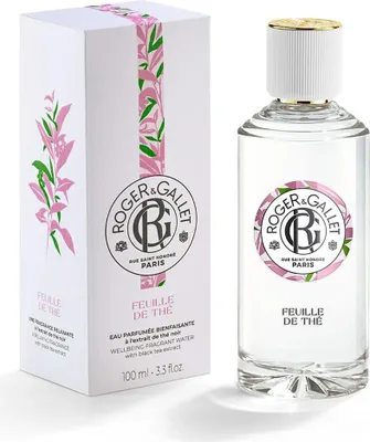 A bottle of Roger & Gallet FEUILLE DE THÉ Eau de Parfum and its packaging are displayed on a white background.