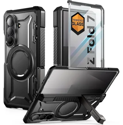 Image de Coque avec support pour Samsung Galaxy Z Fold 7, compatible MagSafe, protection d'écran, protection de la charnière, coque de protection renforcée, couleur noire