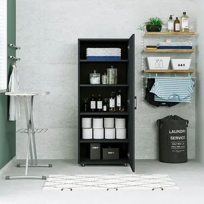 Image de Armoire haute Roomart, 60 cm de large, dimensions : 145 x 60 x 67 cm, blanc, noir, chêne, armoire de salle de bain, armoire polyvalente