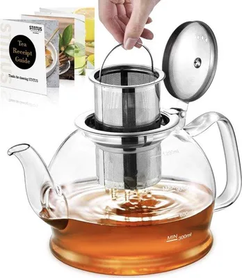 Image de Thermos en borosilicate avec filtre et infuseur - 1 200 ml - pour 4 à 6 tasses - pour thé en vrac - avec filtre en acier inoxydable