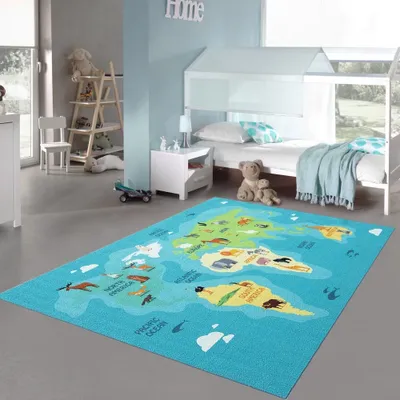 Immagine prodotto di Tappeto didattico per bambini con mappa del mondo, animali e mari in blu, dimensioni - 160 x 220 cm
