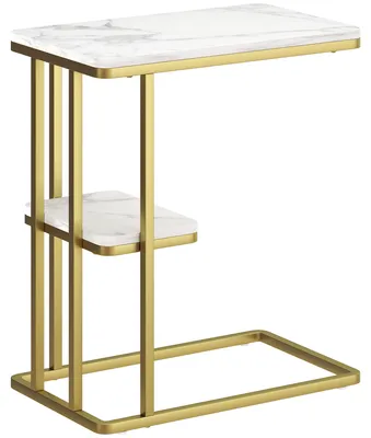 Produktbild von Schmaler C-f?rmiger Beistelltisch mit Ablage, moderner Nachttisch, 50 x 30 x 57,5 cm, wei?e Marmoroptik
