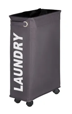 A tall, narrow laundry hamper with wheels.