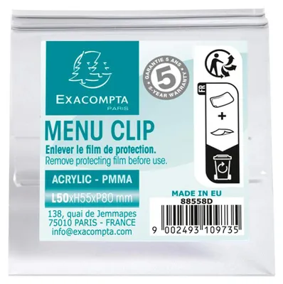 Obrázek produktu pro Exacompta - 88558D - 1 držák karet/menu Clip velikost S (šířka 50 mm) - pro DIN A7 - z PMMA (akryl) vysoce transparentní - k postavení na stůl, psací stůl nebo polici - barva křišťálová