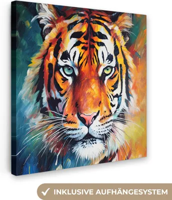 Produktbild von MuchoWow® - Leinwandbilder - Tiger - Tiere - Ölgemälde - Kunst, Wandbild, Wanddeko Bilder Wohnzimmer, 90x90cm