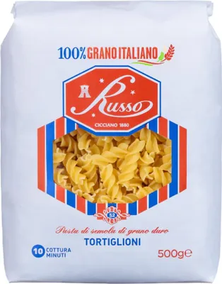 Produktbild von Russo Tortiglioni N°52 Hartweizengrieß Pasta,100% Italienischer Weizen,500g-Packung + Italian Gourmet Polpa di Pomodoro 400g Dose