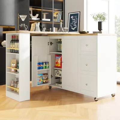 Immagine prodotto di okwish: Tavolino da bar con rotelle e ripiano, tavolino da bar girevole a 360°, tavolo da pranzo allungabile con cassetti, bianco