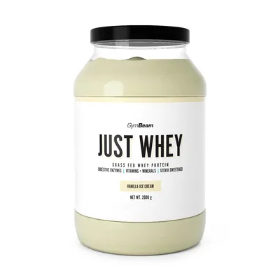 A tub of GymBeam Just Whey protein powder.