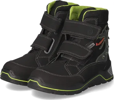 A pair of black children's winter boots with green accents.
