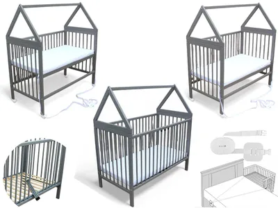 Produktbild von Kinderbett - Beistellbett - Babybett Haus 120x60cm mit Matratze Gurt und Rädern grau