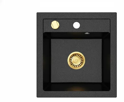 Produktbild von [Granitspüle 49x52 mit Armatur Gold Schwarz] Hochwertig beidseitig Montierbar Küchenspüle Eckig Einbaugranitspüle Granit Spülbecken f. Unterschränke ab 45 cm inkl. Siphon Set