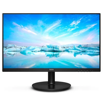 A black Philips monitor on a white background, displaying a landscape image.