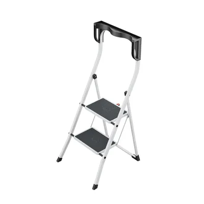 Produktbild von Hailo K75 ComfortLine Klapptritt - 2-stufige Trittleiter aus Stahl mit Sicherheitsbügel und Ablageschale - Arbeitshöhe bis 2,47 m - Gewicht: 5 kg - Weiß