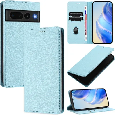 Produktbild von Litchi Leder Handyhülle für Google Pixel 7 Pro Wallet Kartenfächer Standfunktion Hülle Hellblau