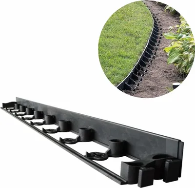 A black plastic garden edging product is shown in a studio shot and a lifestyle inset image.