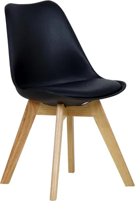 A black chair with wooden legs on a white background.