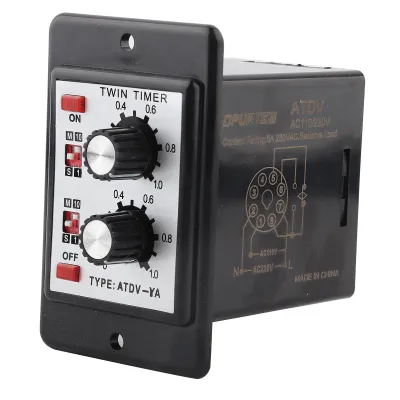 A black electronic timer relay with two knobs and indicator lights.