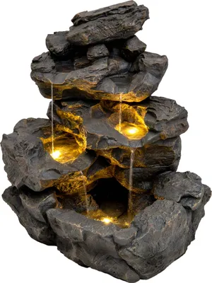 Immagine prodotto di Fontana a cascata da esterno – Fontana da giardino elettrica color grigio – 3 luci LED bianco caldo – Pompa alimentata a rete – Decorazione per giardino e casa – Rustic Rapids – Spazzola per la pulizia