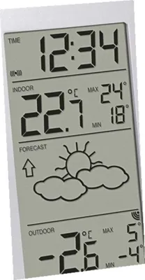 A digital weather station displaying time, indoor and outdoor temperatures, and weather forecast.