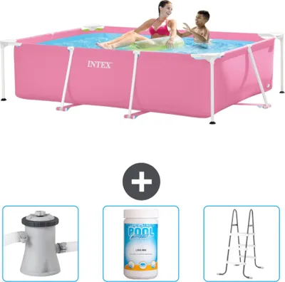 Produktbild von Intex-Schwimmbecken mit rechteckigem Rahmen – 220 x 150 x 60 cm – Rosa – im Lieferumfang enthalten Filterpumpe für Schwimmbad - Chlor - Leiter